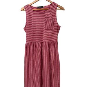 MEROKEETY Striped Sleeveless Midi Dress with Pockets Muted Red and White Size L